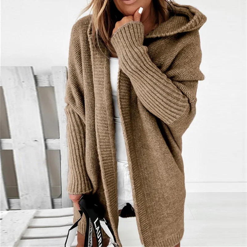 Long Hooded Cardigan Women Solid Color Braid Knit Overcoat Loose Ladies Sweaters Coat Plus