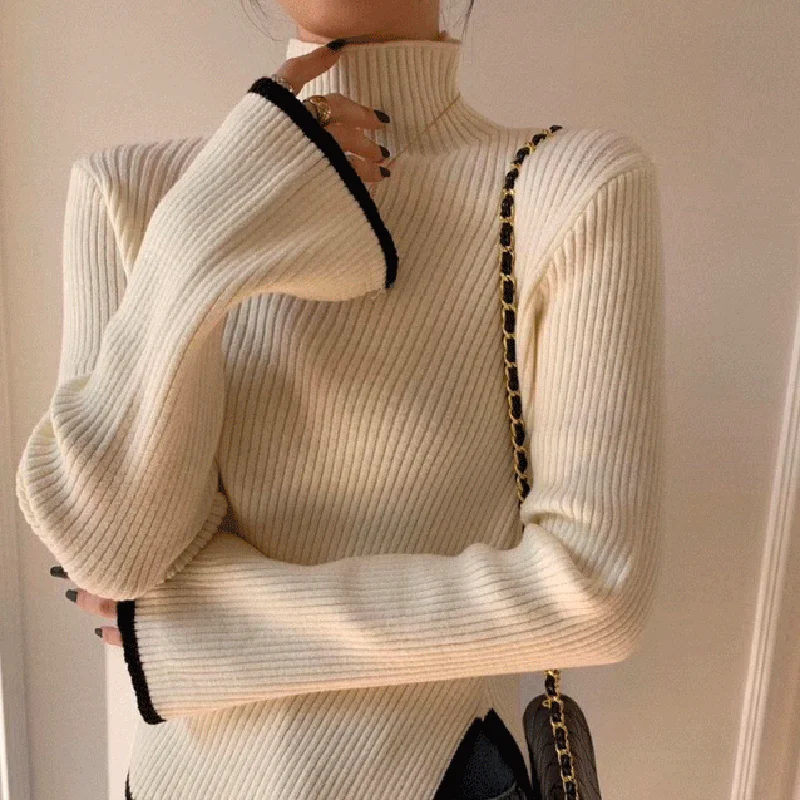 Lucyever Solid Color Turtleneck Sweater Woman Winter 2022 Ribbed Slim Fit Side Knitwear Women Soft Knitted Sweaters Pullover