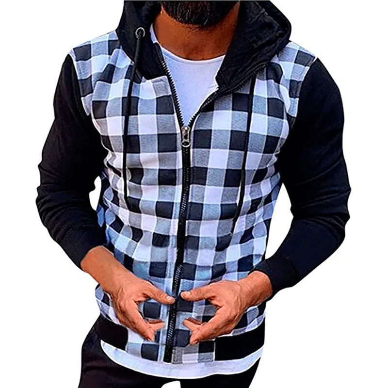 Men\'s Jackets 2021New Casual Slim Plaid Bomber Jacket Men Autumn Winter Long Sleeve Zipper Hooded Cardigan Windbreakers Coat Men