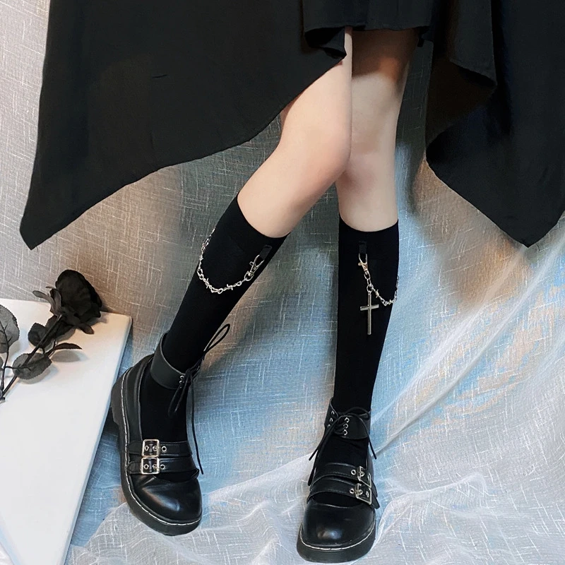 

Women's Harajuku Stockings Women's Cross-chain Black Socks Pure Cotton Hip Hop Street Riding Socks