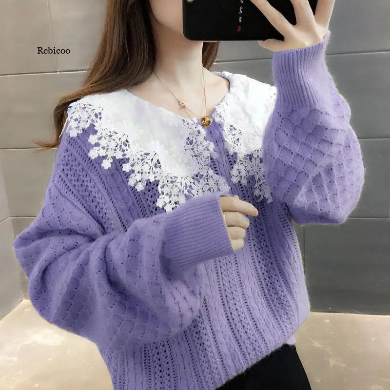 

Autumn sweater female Korean version loose autumn winter outer wear lace doll collar knit pullover top