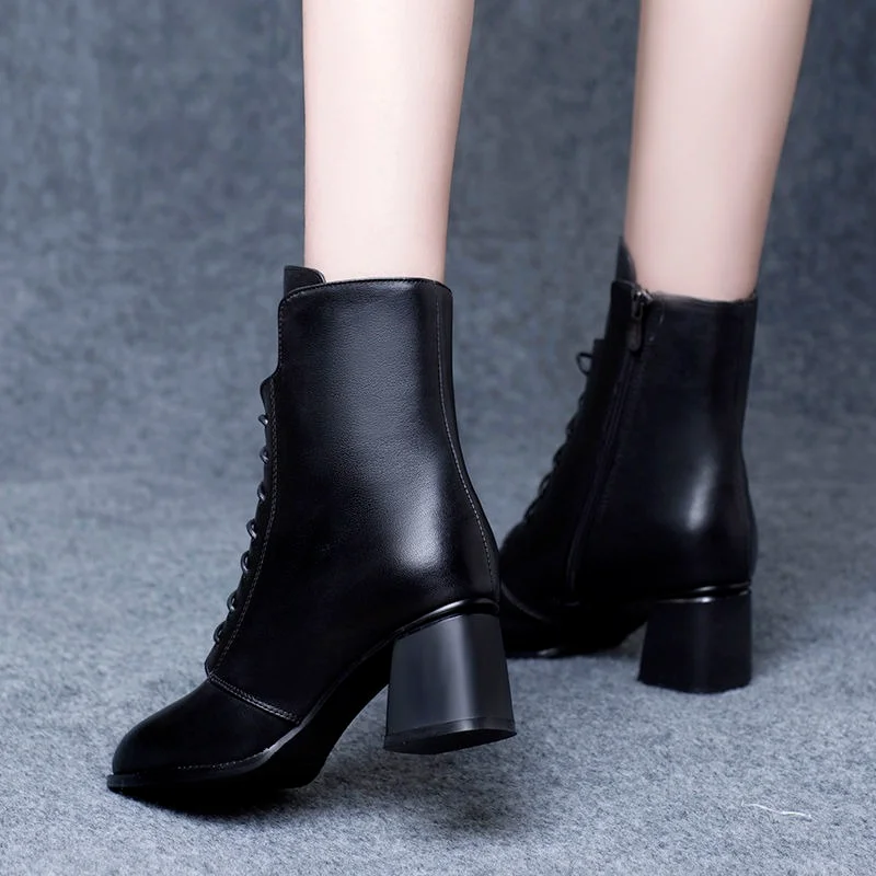 High Quality Soft Leather 2021 New Snow Boots Women's Thick Heel Velvet Warm Mar Boots Women's Medium Heel Cotton Boots