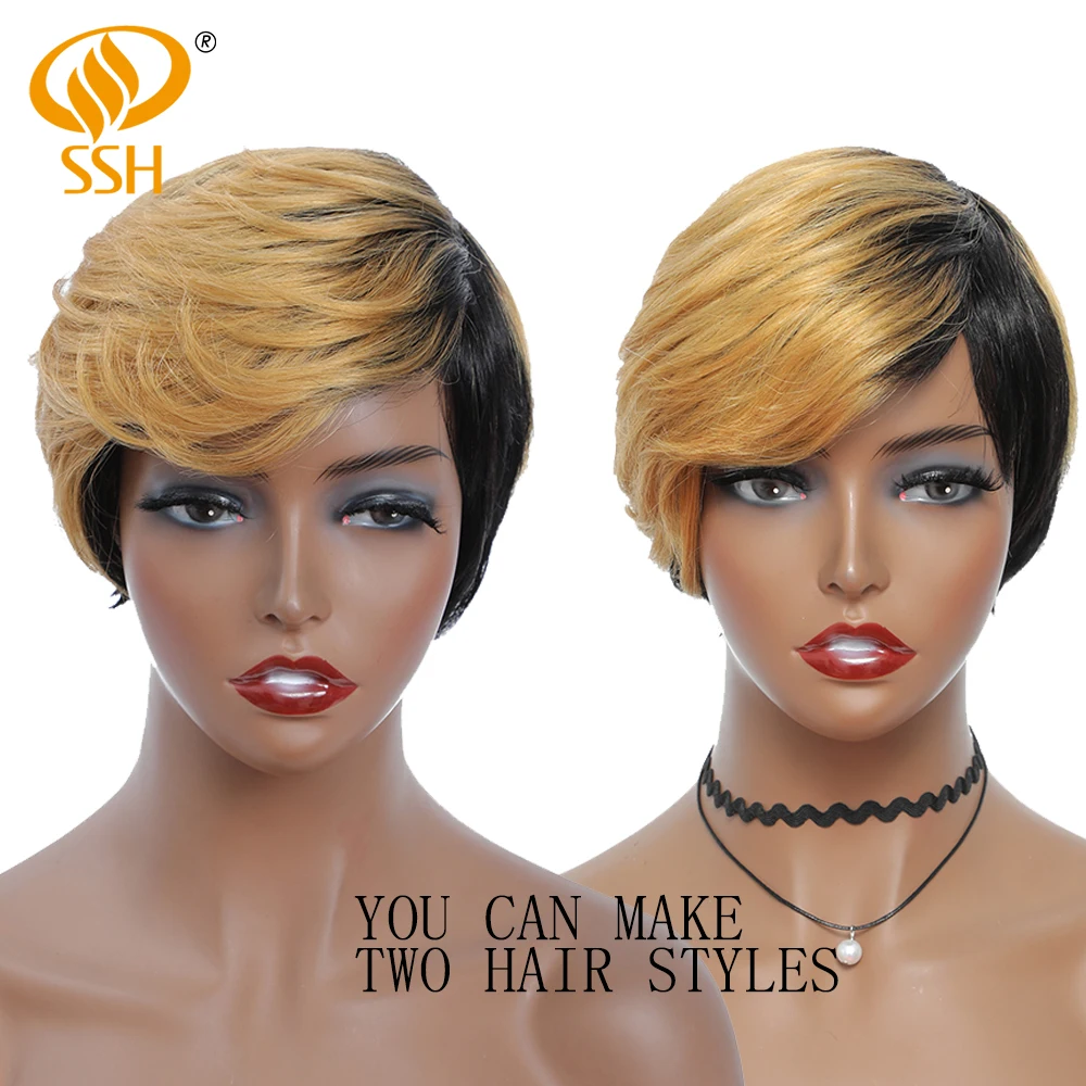 SSH Short Honey Blonde Ombre Color Brazilian Hair Bob Wig With Bangs Pixie Cut Straight Machine Made Human Hair Wigs For Women