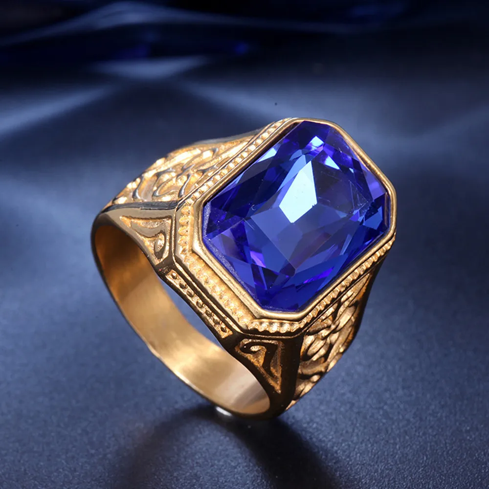 Anillos de diamantes de GEMA de topacio de cristal azul cuadrado grande para hombres, joyas masculinas rellenas de oro, bandas de dedo de acero inoxidable