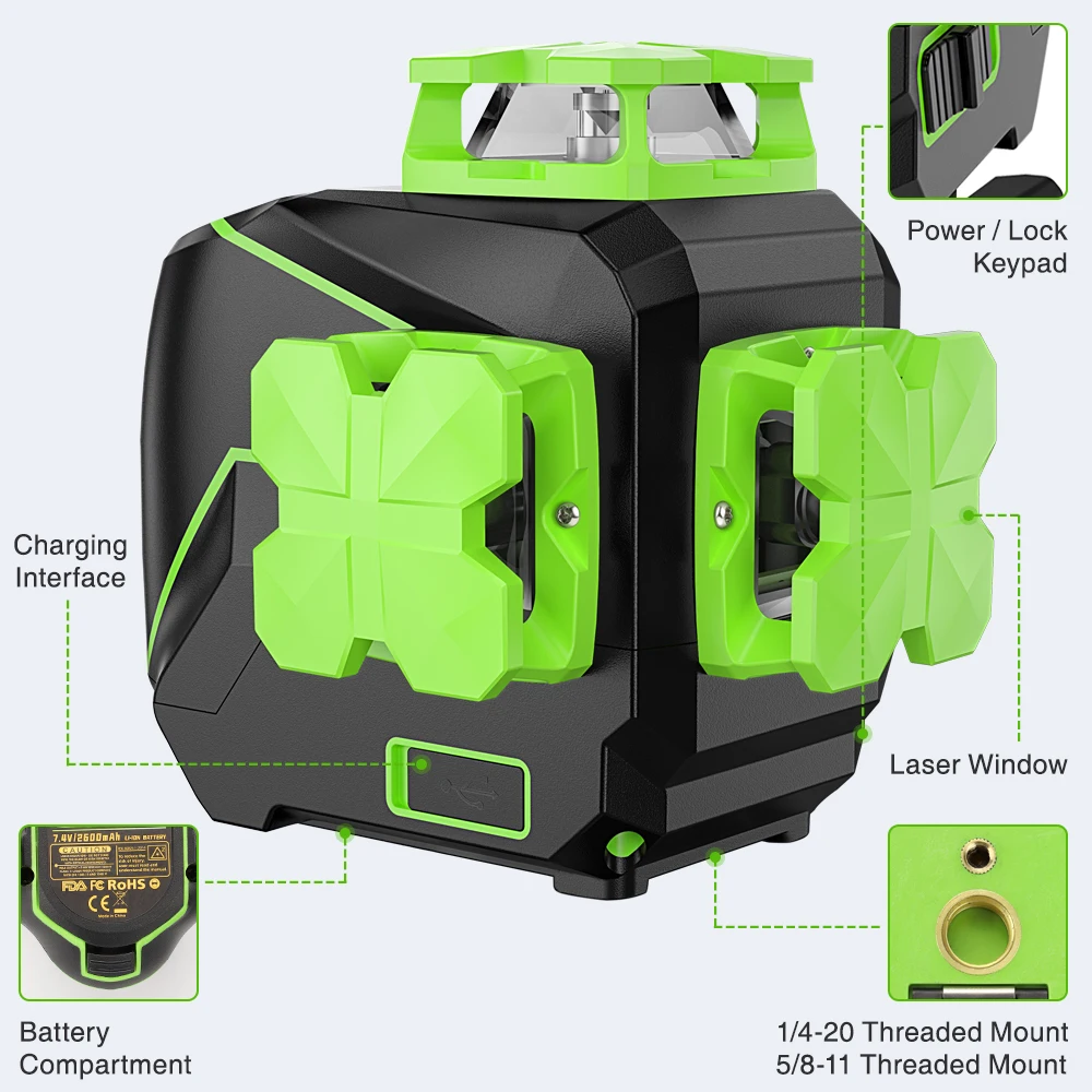 Huepar 12 lines 3D Cross Line Laser Level Self-leveling Green Beam Vertical & Horizontal with USB Charger Use Dry Li-ion Battery