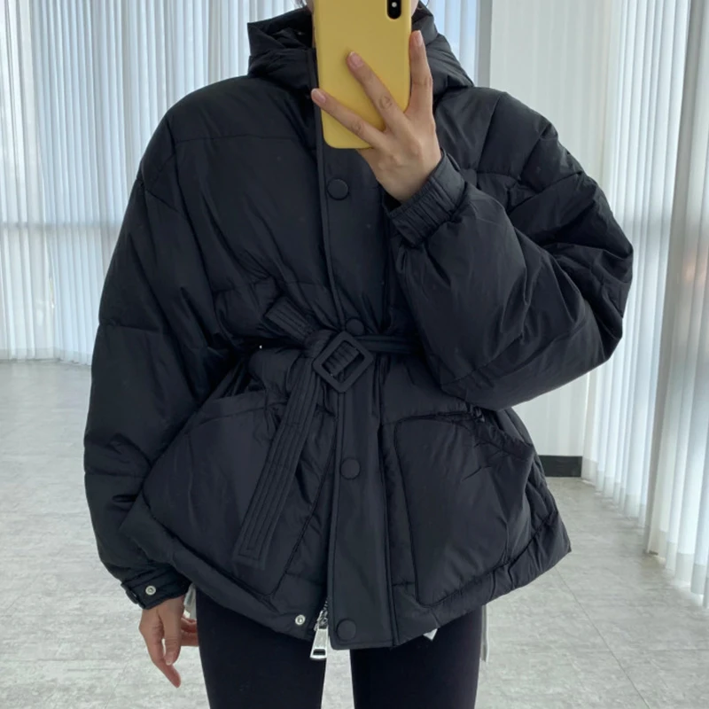 Thick Winter Clothes Women Jacket Solid Black Coats Female Cotton Korean Elegant Chic Woman Outwear Belt Fall Crop Jacket Female