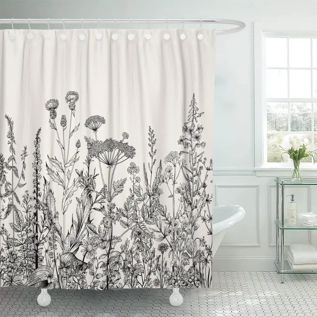 Floral Border Herbs and Wild Flowers Botanical Engraving Black Shower Curtain Waterproof 72 x 72 Inches Set with Hooks