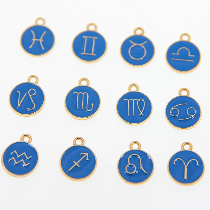 12pcs lega a doppia faccia 12 costellazione lago smalto blu Charms segno zodiacale pendenti collana fai da te per gioielli che fanno Accessori