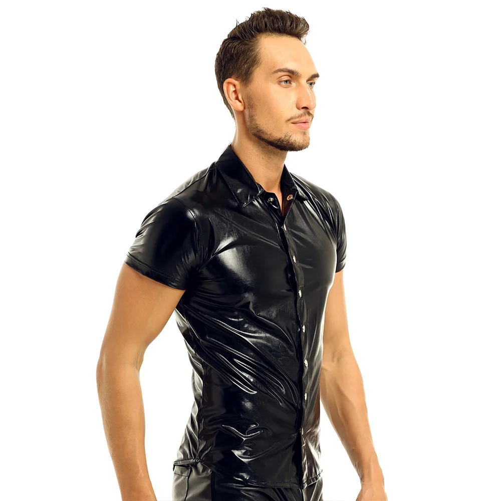 Mens Metallic T shirts Sexy Clubwear Men Patent Leather Short Sleeves Shirt Clubwear Undershirt shiny metallic T-shirt tops Men