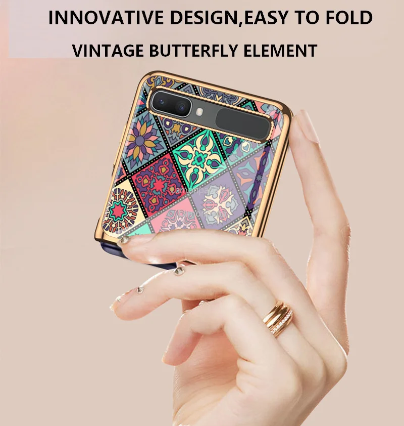 Retro Folk-custom Tempered Glass Case for Samsung Z Flip 5G Cover Luxury All-inclusive Shockproof Shell for Samsung Z Flip Case