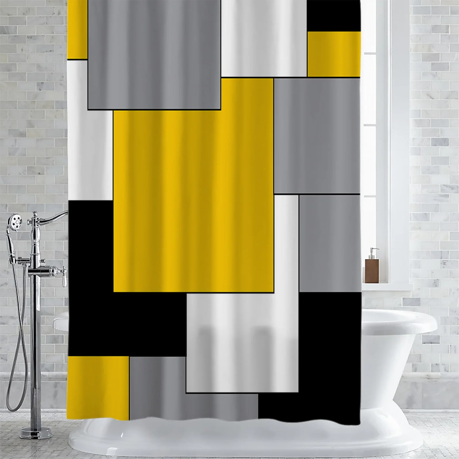 Yellow Mosaic Color Abstract Art Waterproof Shower Curtain Home Bath Decorative Polyester Fabric Bathroom Curtain with Hooks