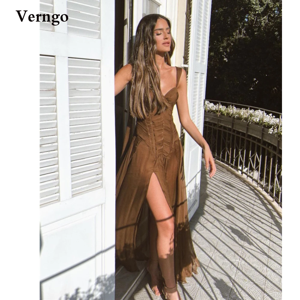 Verngo Women Long Dress Prom Party Dresses Coffee Silk Chiffon Sweetheart A Line Evening Gowns Side Pleats Formal Occasion Dress