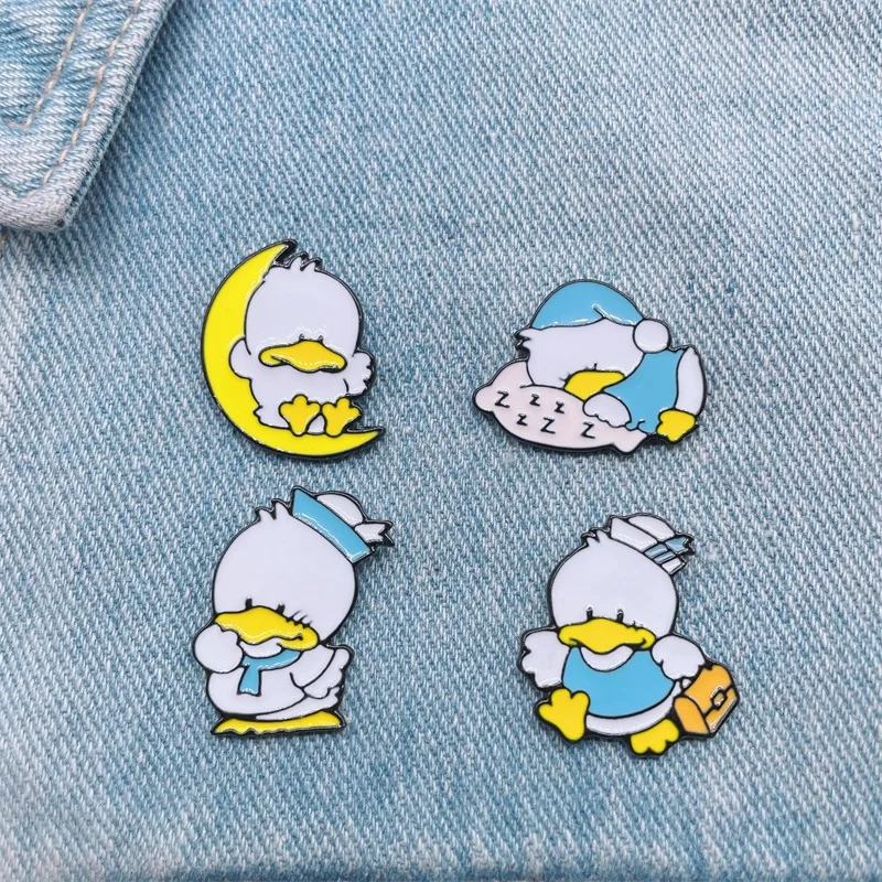 Cute cartoon happy playing and sleeping duck enamel brooch creative fun animal alloy badge collar accessories gifts for friends