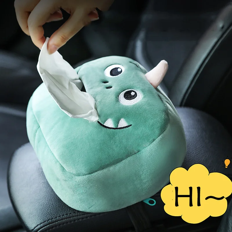 Cute Cartoon Car Tissue Box Plush Napkin Holder Universal Auto Home Room Paper Case Animal Decoration Bracket