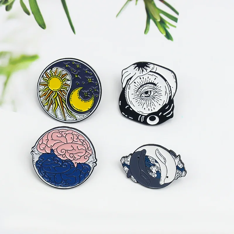 Creative Round Tai Chi Sun Moon Enamel Brooch Dolphin Brain Eye Alloy Pins Punk Badge Woman Jewelry Gift For Friends