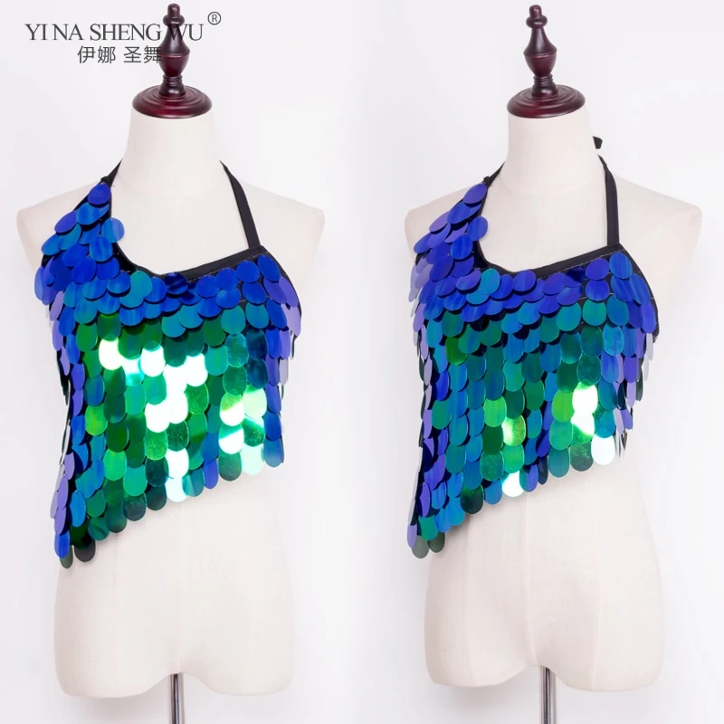 Women Belly Dance Costume Top Short Hip Scarf Lady Mermaid Sequined Bellydance Hip Scarf Wrap Belt Sequin Fish Scale Dancewear