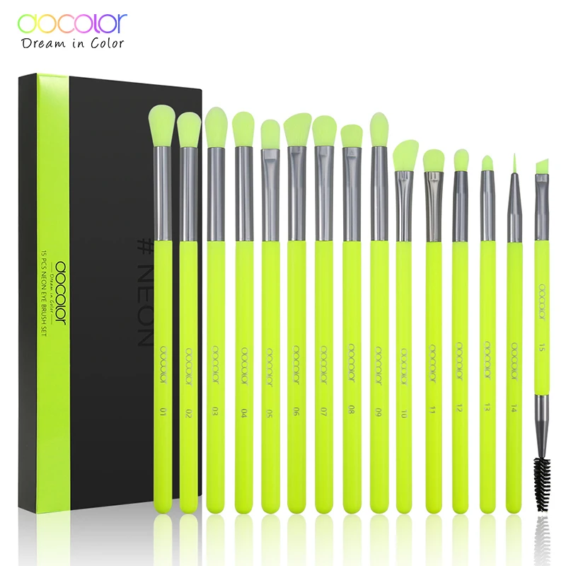 Docolor Neon 15pcs Makeup Brushes Set Eyeshadow Eyeliner Eyelash Eyebrow Brush Beauty Make up Blending Tools Maquiagem