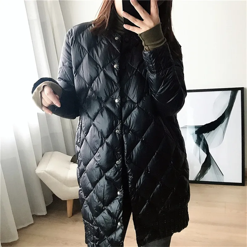 Women Lingge Jacket Parka 2021 New Autumn Winter Warm Lightweight White Duck Down Coat Female Slim Single Breasted Long Outwears