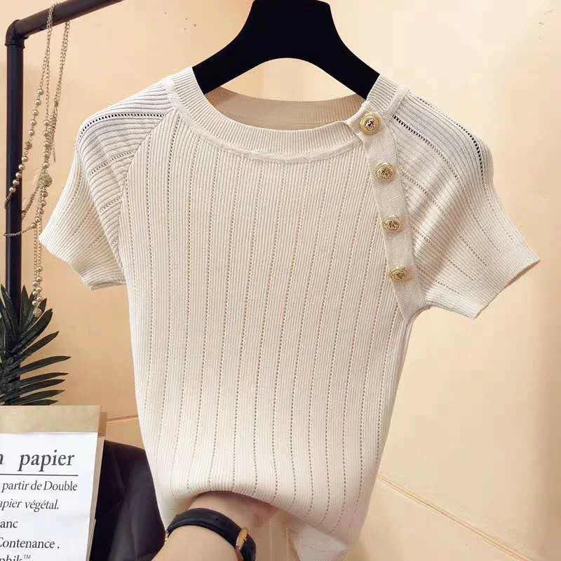 shintimes Tee Shirt Femme Hollow Out T Shirt Women Knitted Tshirt Summer Tops Woman Short Sleeve Button T-Shirt Female Clothes