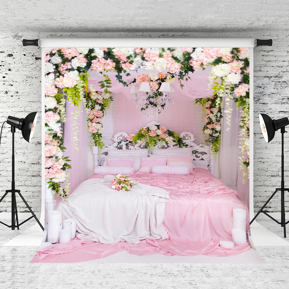 

VinylBDS Pink Indoor Warmth Photography Backdrop For Photo Flower Wedding Custom Photo Backdrops Bed Princess Girl Background