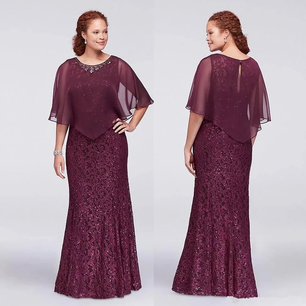 Mutter der Braut Kleider Burgund Plus Spitze Formale kleid Mit Wrap Perlen Jewel Neck Mermaid abendkleid Günstige Boden länge