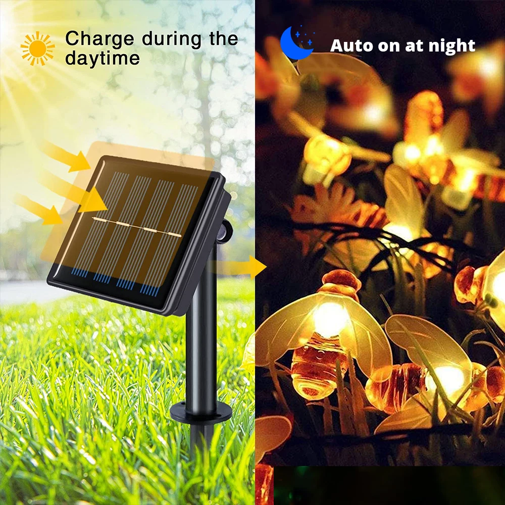 Đèn LED Năng Lượng Mặt Trời Ong Dây Đèn Câu Chuyện Cổ Tích Đèn 20/50/100LED Chống Nước Ngoài Trời Sân Vườn Sân Giáng Sinh Garland đèn