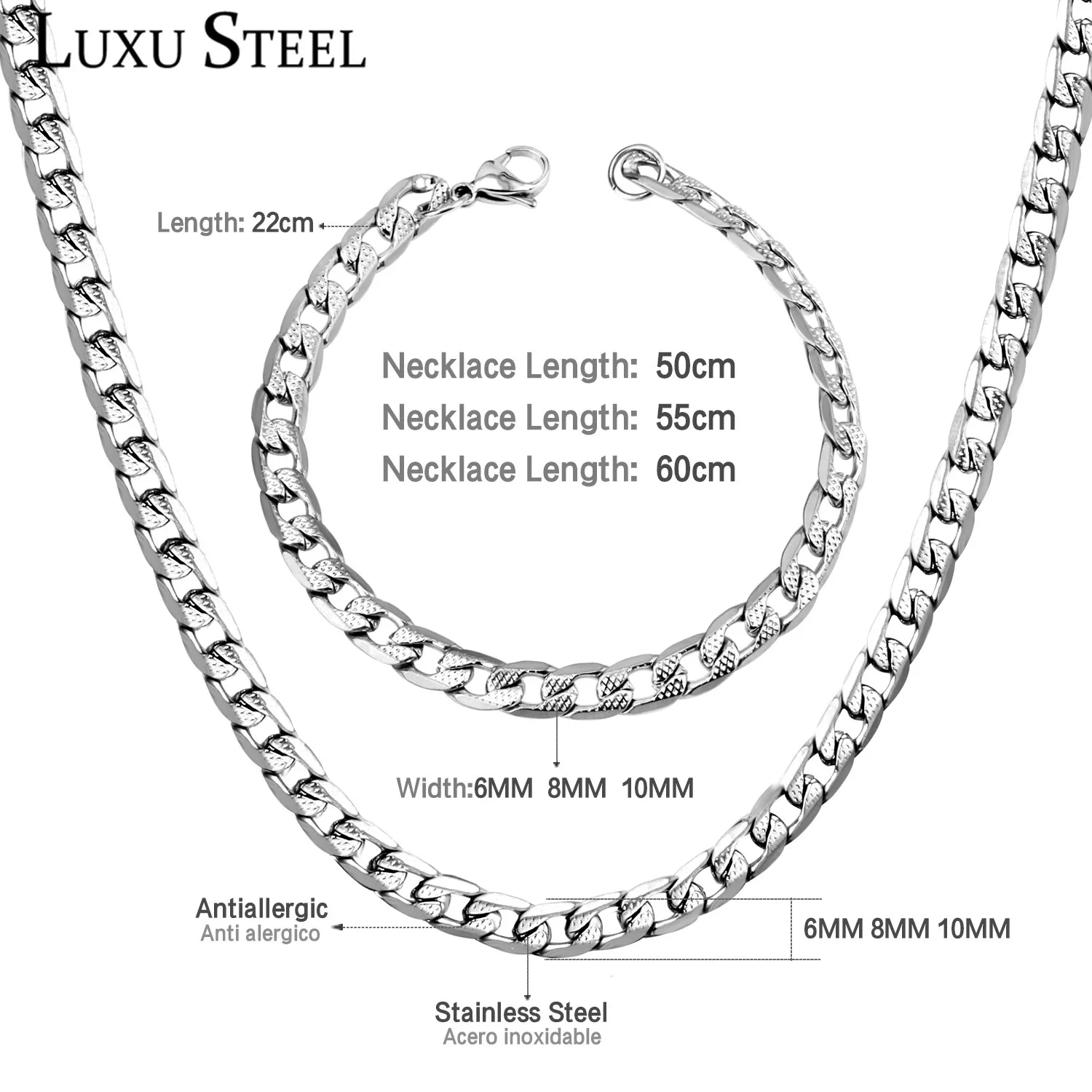 LUXUSTEEL Silver Color Chains Necklace Bracelets Width 6mm/8mm/10mm Length 50cm/55cm/60cm Stainless Steel Long Necklace Party