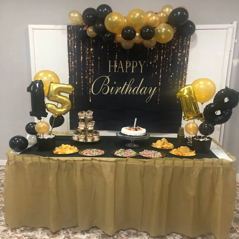Buon compleanno festa sfondo nero e oro Glitter palloncini sfondo Sparkle punti brillanti decorazione astratta Photo Booth