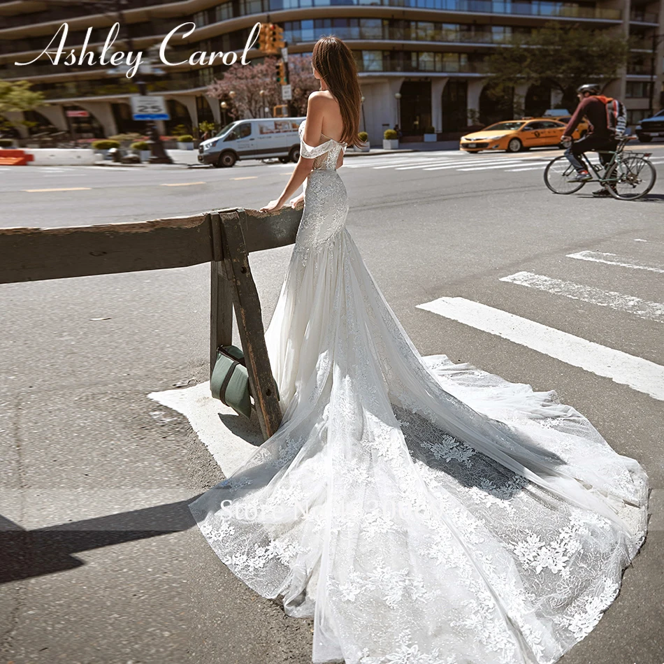 فستان زفاف حورية البحر من أشلي كارول مزين بالخرز الرائع مزين بالدانتيل قبالة الكتف ذيل طويل فستان زفاف فيستدوس دي نوفيا #2