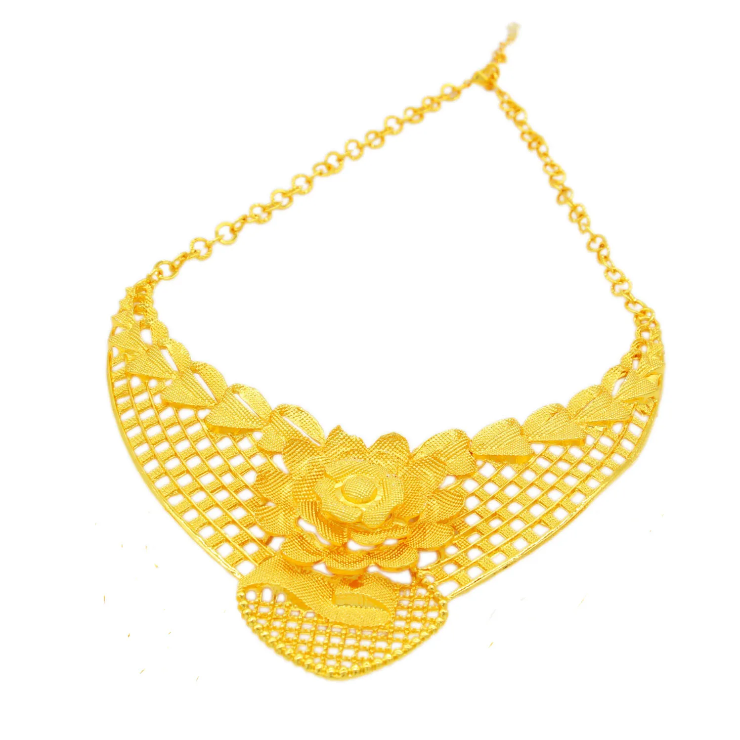 WDZUIAI Trendy Bright Gold Color Flower Necklace&Earrings Jewelry Set African Arab Dubai Women Brida Wedding Charm Jewelry Gifts