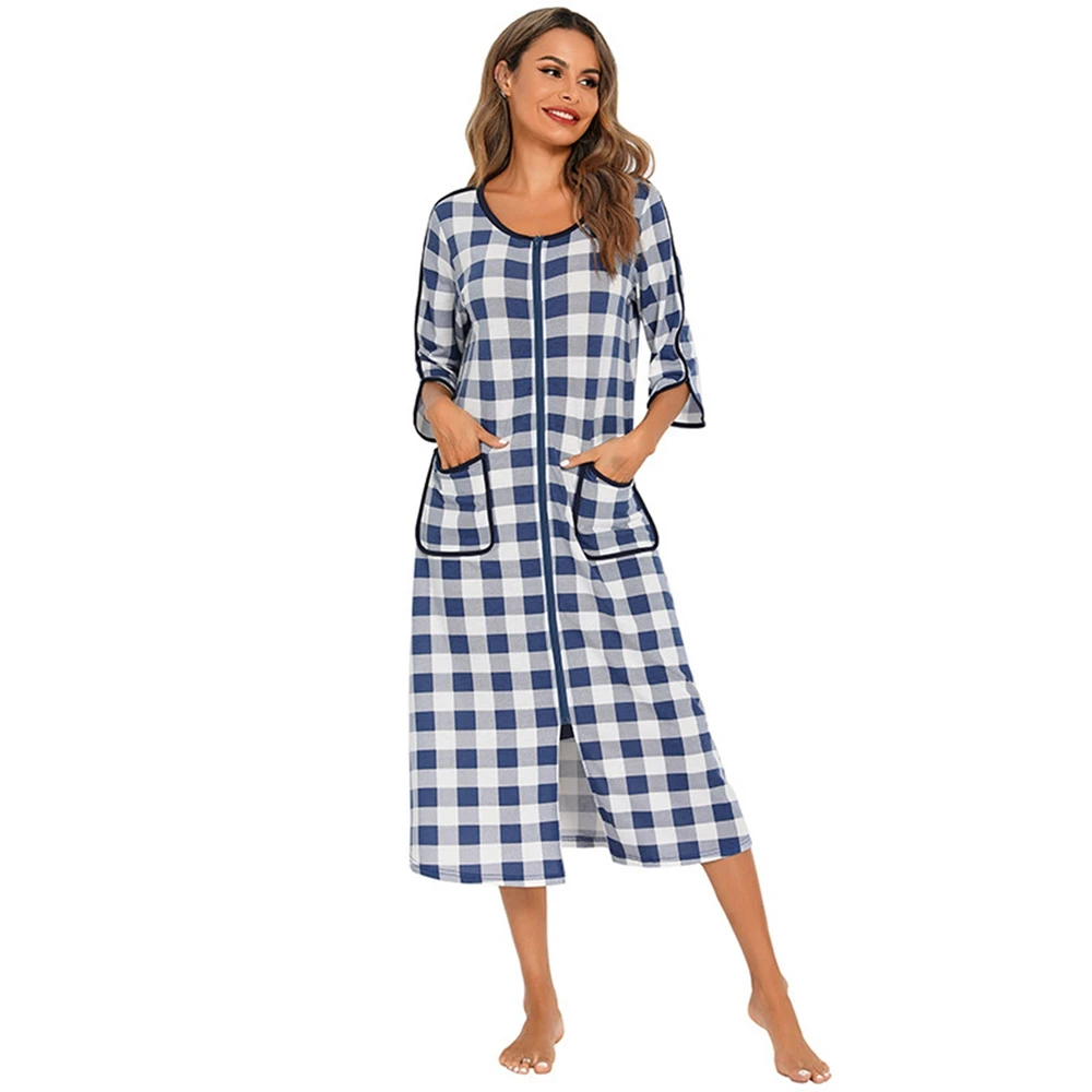 Women Autumn Plaid Zipper Front Robes Long Sleepwear Soft  Nightgown Warm Loungewear Maternity Bathrobe Pajamas