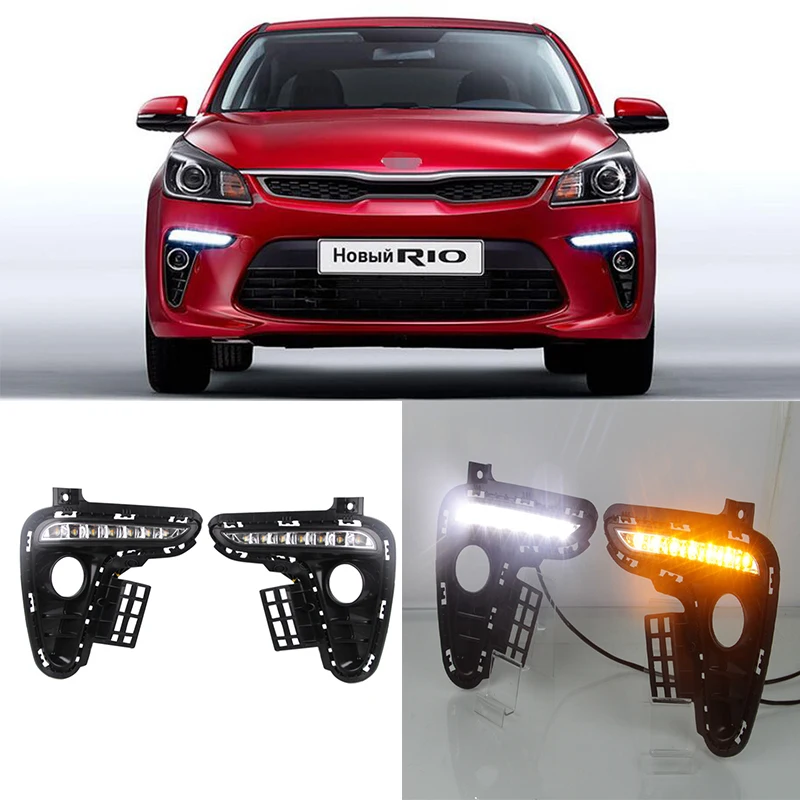 

2 Pcs Turn signal Yellow Flashing DRL12V LED Daytime Running Lights Replace Original Fog Lamp Covers for Kia K2 RIO 2017 2018