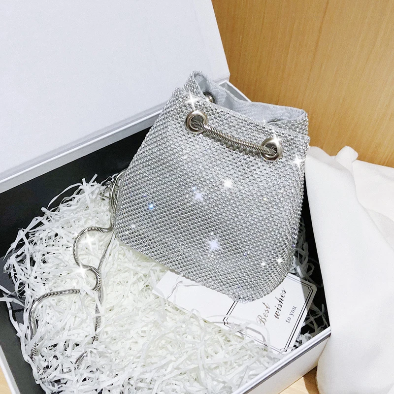 

FIRMRACH 2022 Spring New Luxury Rhinestone Shiny Mini Metal Chain Shoulder Diagonal Eye-Catch Diamond Bucket Phone Bag For Woman