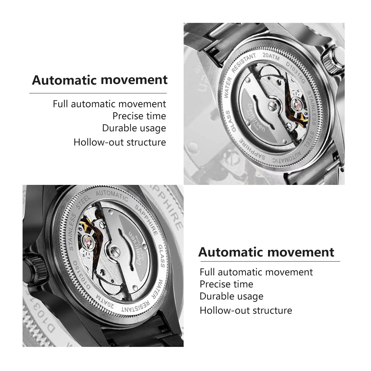 Demirsen Luxury Brand Dress Automatic Watch Business Orange Stainless Steel Waterproof Sapphire Glass Luminous Men Wristwatch