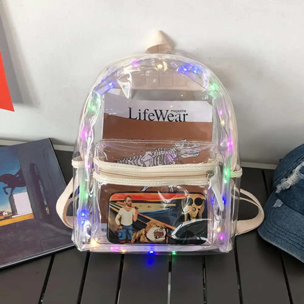 Mochila de PVC transparente com luzes LED, Clear Schoolbag para meninos e meninas, Luminous Night Bag, Outdoor Travel Bag, legal