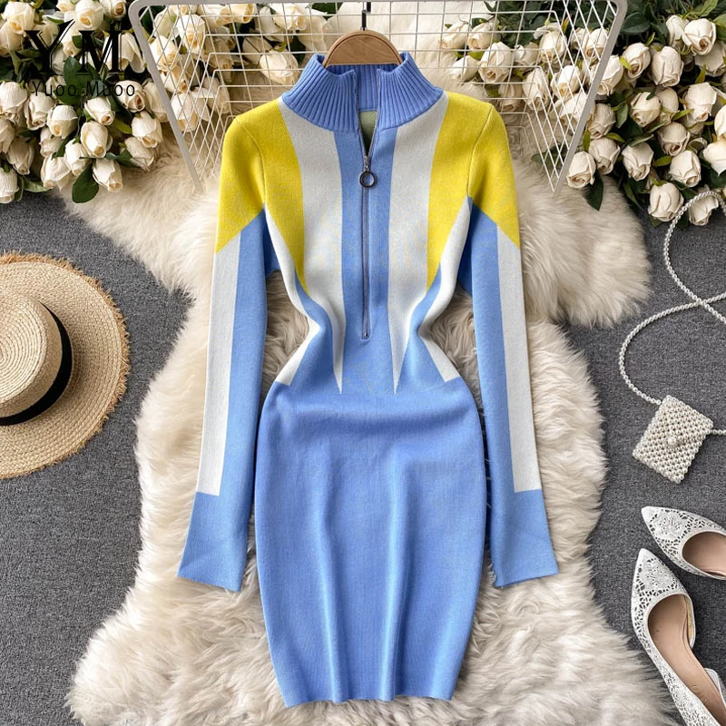 YuooMuoo Autumn Winter Women Knitted Sweater Dress 2021 New Europe Style Zipper Collar Long Sleeve Casual Dress Bodycon Jumper