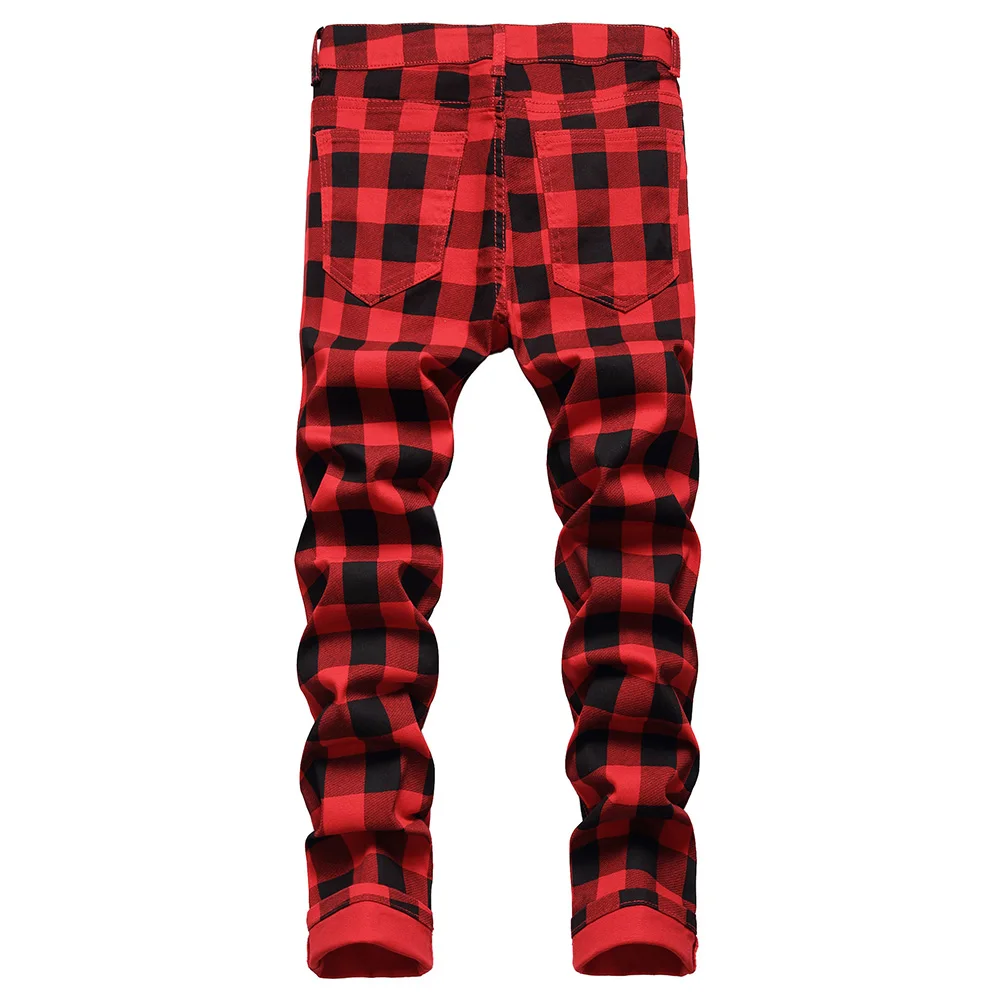 Men Red Plaid Printed Pants Fashion Slim Stretch Jeans Trendy Plus Size Straight Trousers