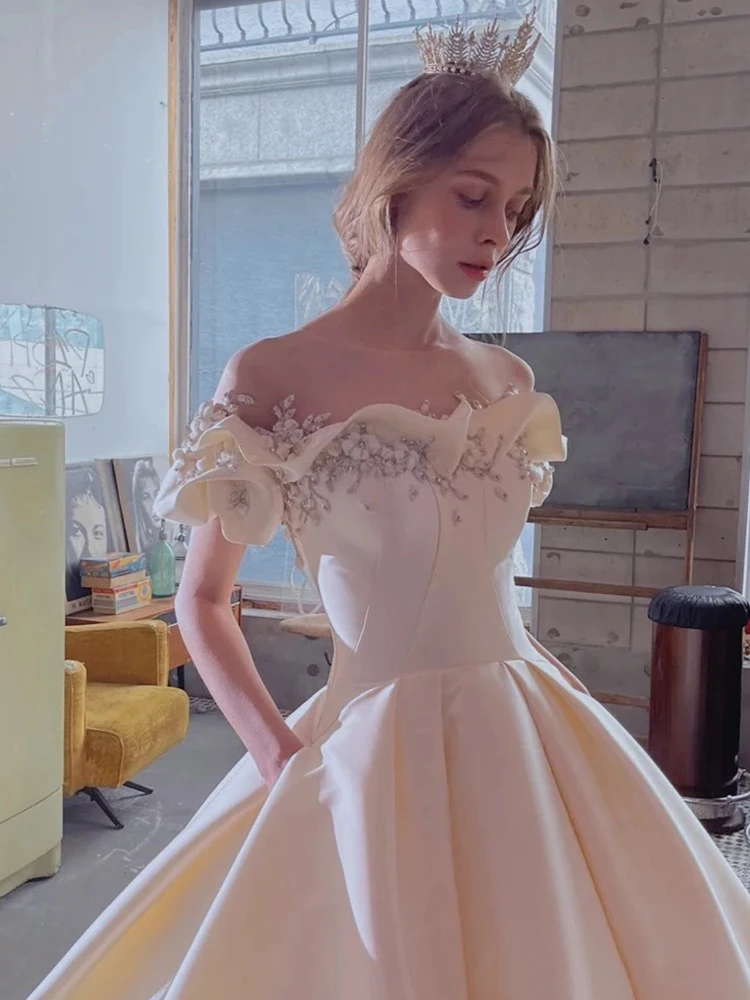 Vestido De novia De satén De flores con hombros descubiertos, novedad De 2023, vestido De novia Simple De lujo