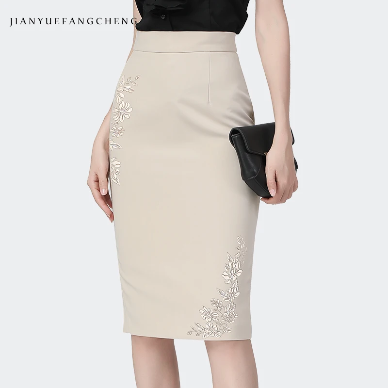 Fashion Beige Embroidery Ladies Pencil Skirt Summer New Mid-Length Sexy Elegant Women Office Clothes Back Split One Step Skirts