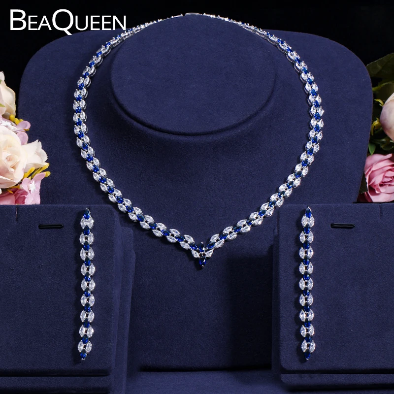 BeaQueen Elegant Women Wedding Costume Jewelery Royal Blue Cubic Zircon Long Bridal Earrings Necklace Sets for Brides JS021