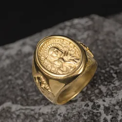 Valily Vintage Golden Virgin Mary Religion Rings Stainless Steel Praying Lucky Ring Peace Dove Punk Prayer Jewelry for Men Women