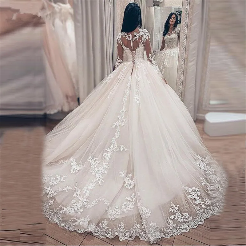 Elegant Lace Appliques Long Sleeves Ball Gown Wedding Dresses X07 Bridal Gown vestido De Noiva 2021 Sweep Train robe de mariee