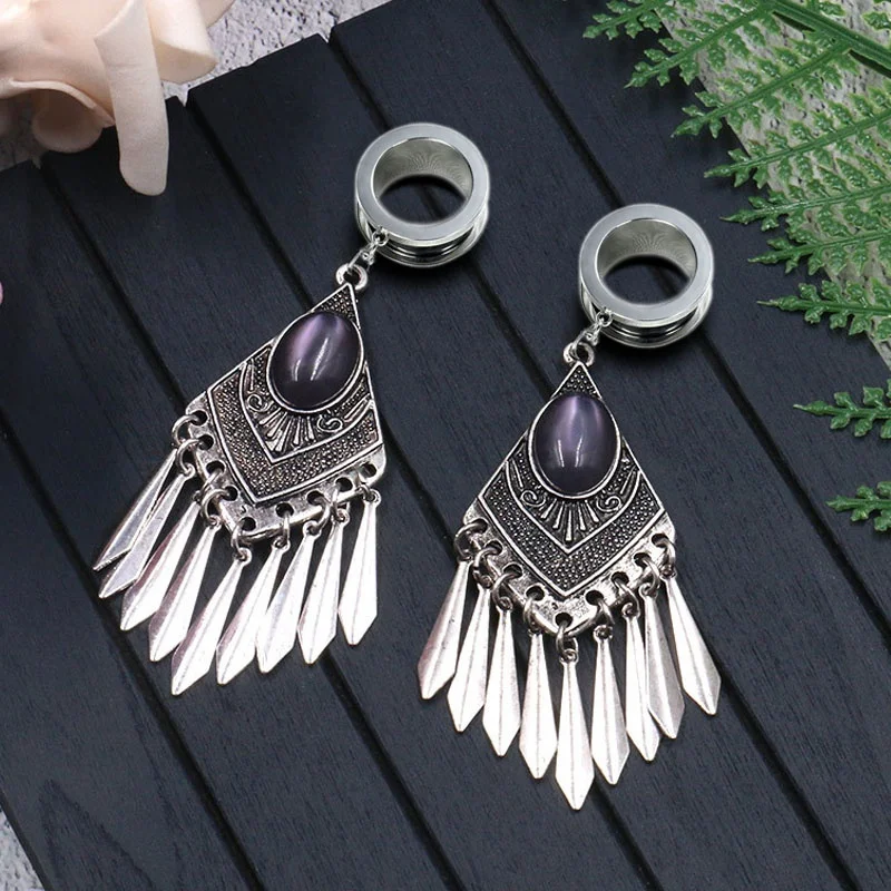 2PCS Ear Plugs Tunnels Ear Expansions Stainless Steel Earrings Alargador De Orelha Oreja Dilataciones Bohemia Tassel Ear Reamer