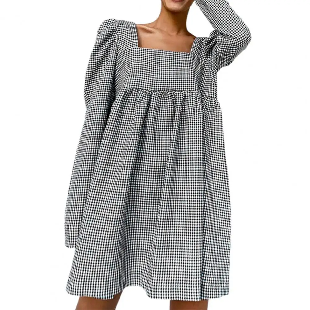 New Autumn Women Dress Plaid Square Neck Loose Spring Long Sleeve Square Neck Mini Casual Dresses Party