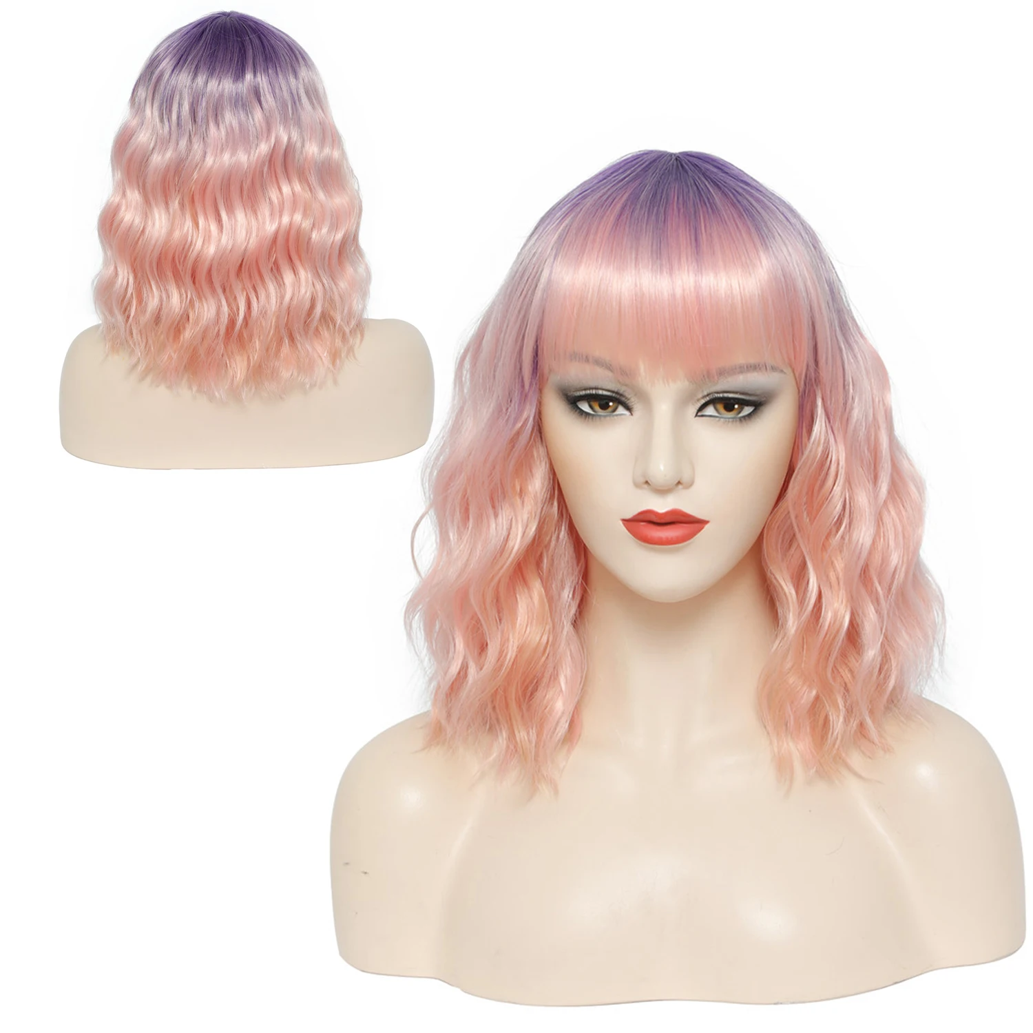 YiHan 14Inch Pure Green Pink Wig With Bangs Short Water Wave Synthetic Wig Shoulder Length Cosplay Hair Wig Heat Resistant Fiber