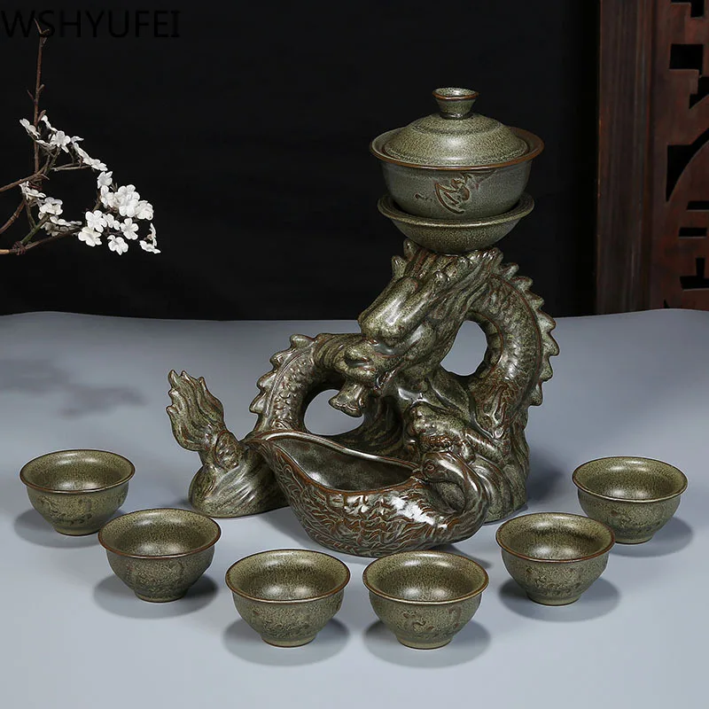 9 pcs / set Ceramics Lazy Man Tea Set Portable stone grinding semi-automatic porcelain Dragon teaware Tea ceremony supplies