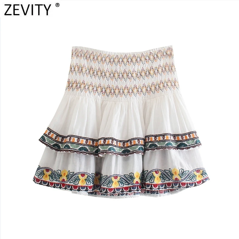 Zevity 2022 Women Vintage Floral Embroidery Double Layer Ruffles Mini Skirt Faldas Mujer Lady Chic Elastic A Line Vestido QUN902