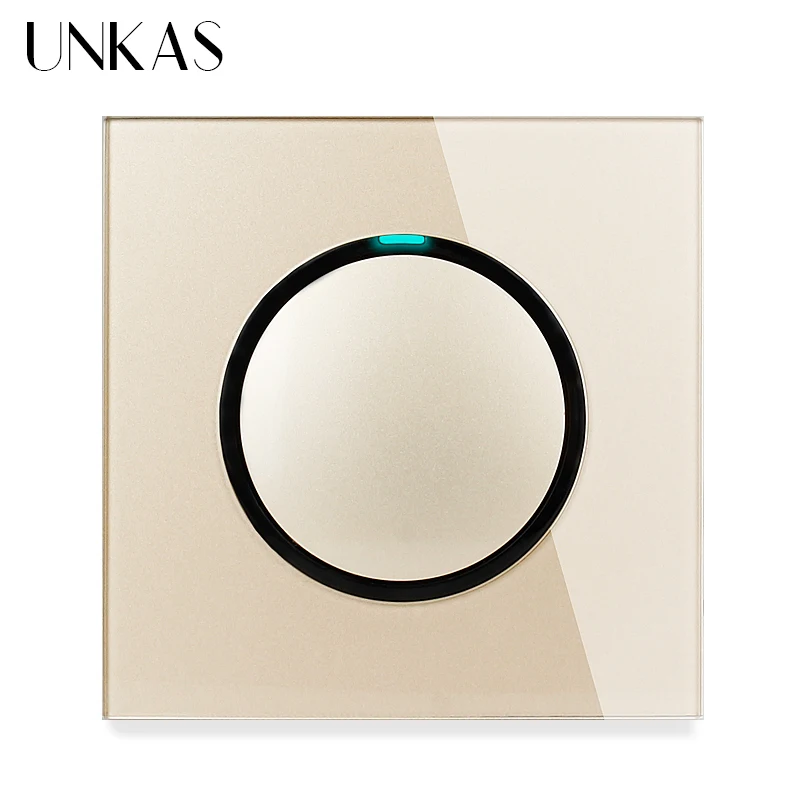 UNKAS Grey 1 2 3 4 Gang 1 / 2 Way Random Click On / Off Pass Through Wall Light Switch LED Indicator Gray Crystal Glass Panel