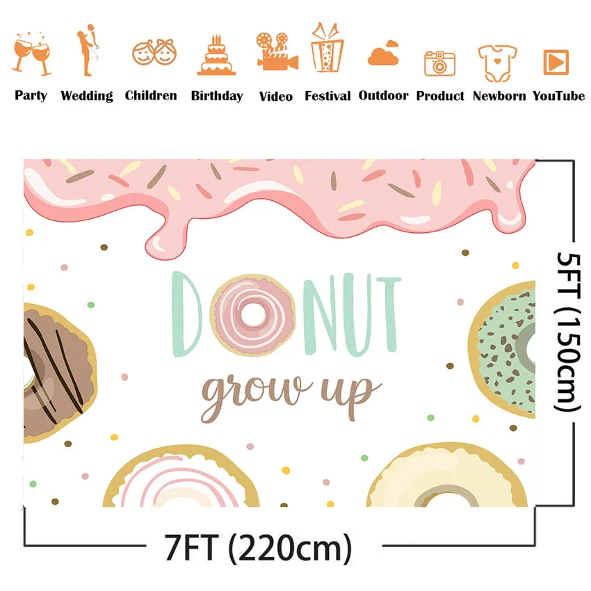 Donut grow up birthday backdrop donuts cakes birthday party decoration customize Sprinkles kids birthday photo background prop