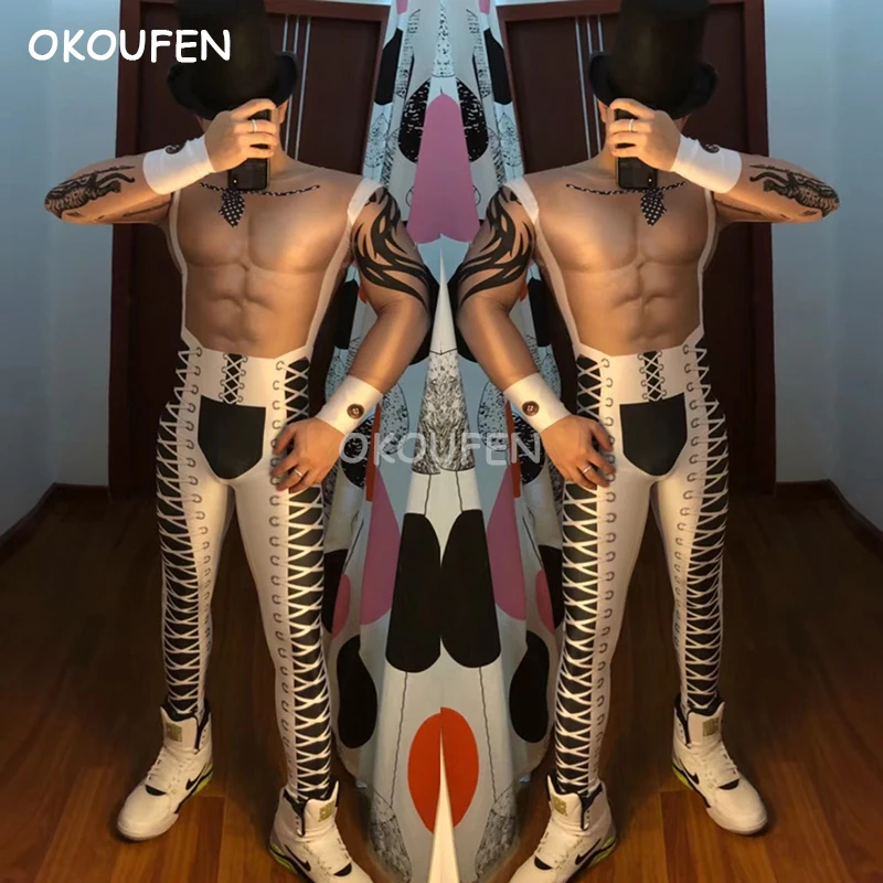 

New Man white sexy 3D False Muscle Jazz Foreign Guest Siamese Costume party show wear Bar Nightclub Male Singer Dj ds costumes